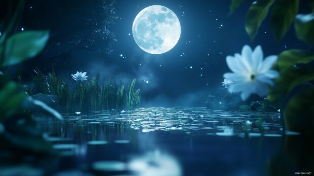 A peaceful night scene of a full moon rising above a calm, reflective pond surrounded by lush greenery and flowering plants.