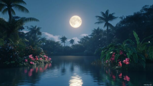 A peaceful night scene of a full moon wallpaper.