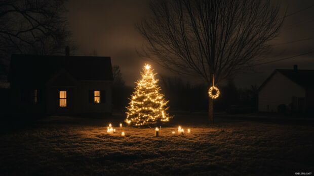 A peaceful nighttime scene with a lit Christmas tree, a few candles placed around, and a wreath hanging nearby.