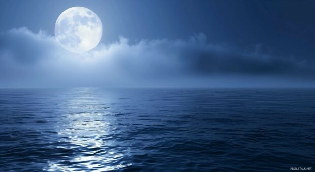 A peaceful ocean at night 1080p HD Image Nature with a full moon casting a silvery light on the water.