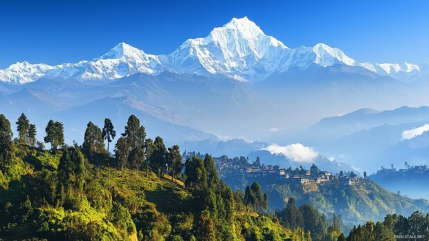 A peaceful snow capped Mountain range desktop background with evergreen trees in the foreground.