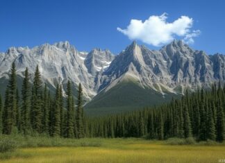 A peaceful snow capped mountain range with evergreen trees in the foreground, 4K wallpaper.