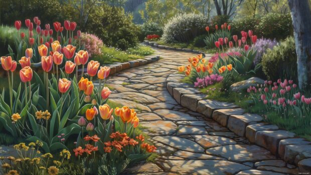 A peaceful spring 4K wallpaper with a winding stone path and tulips.