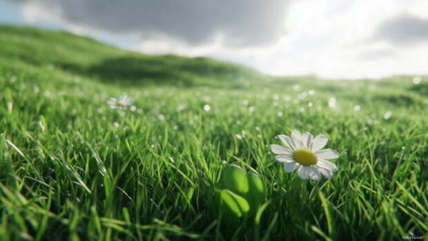 A peaceful spring desktop wallpaper with green grass and a single daisy.