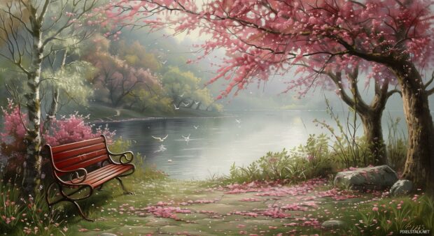 A peaceful spring flowers with a bench under a blossoming tree.