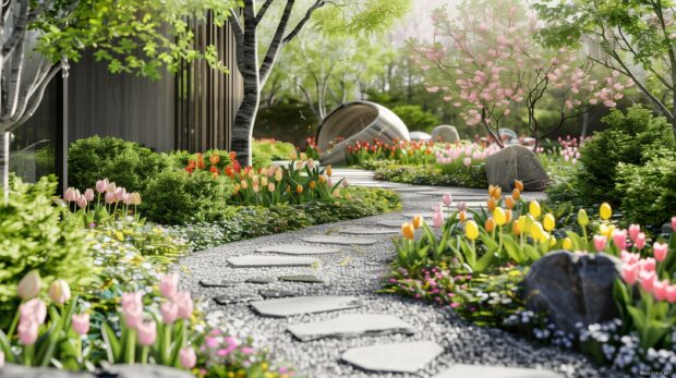 A peaceful spring garden with a winding stone path and tulips .