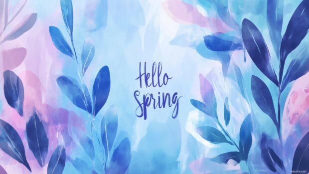 A peaceful spring image with soft sunlight streaming through fresh green leaves and Hello Spring written in stylish cursive at the bottom center.