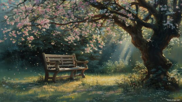 A peaceful spring landscape wallpaper with a bench under a blossoming tree.