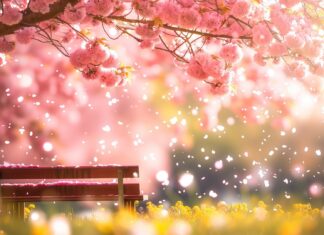 A peaceful spring scene with a bench under a blossoming tree.