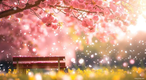 A peaceful spring scene with a bench under a blossoming tree.