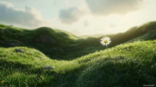 A peaceful spring season with green grass and a single daisy.