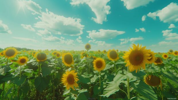 A peaceful sunflower field under a bright blue sky.