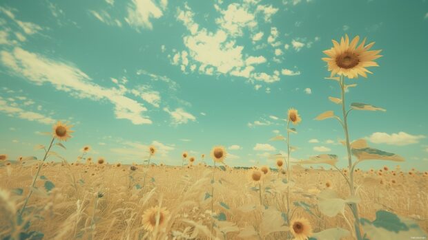 A peaceful sunflower field under a bright blue sky, Laptop Wallpaper HD.