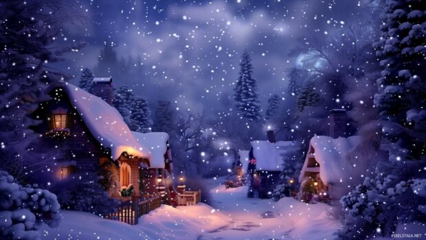 A peaceful winter evening with stars twinkling above snowy rooftops.