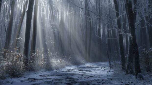 A peaceful winter forest 4k wallpaper with a light layer of snow on the forest floor and delicate icicles hanging from the branches, bathed in soft, diffused winter light.