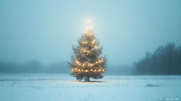 A peaceful winter landscape with a softly lit Christmas tree.