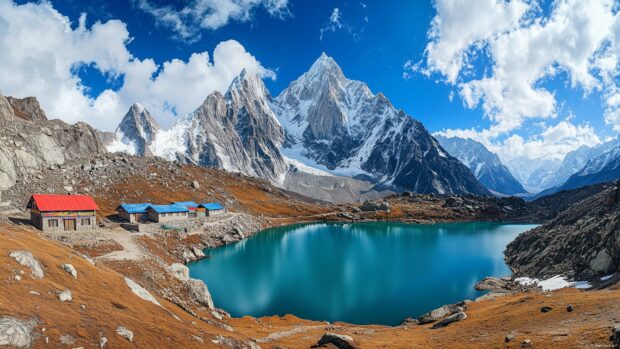 A picturesque Mountain lake nestled between snow capped peaks, reflecting the vibrant sky above.