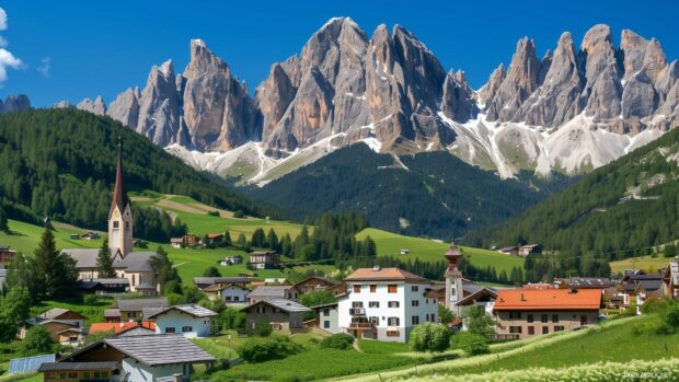 A picturesque alpine village with snow capped mountains in the background.