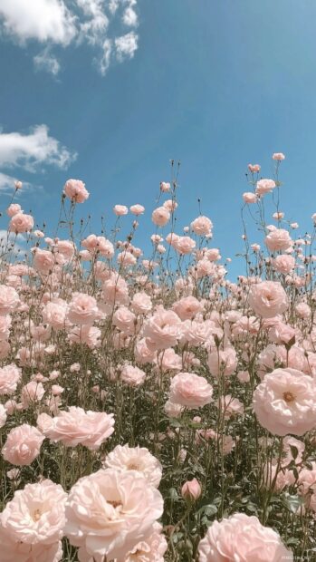 A picturesque field of wild pink roses swaying gently in the breeze under a bright blue sky.