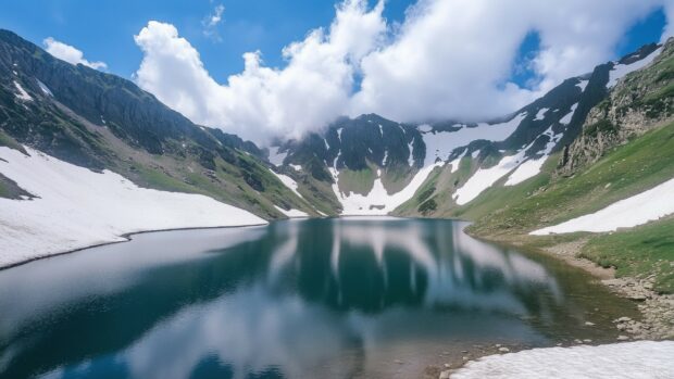 A picturesque mountain lake nestled between snow capped peaks, reflecting the vibrant sky above.