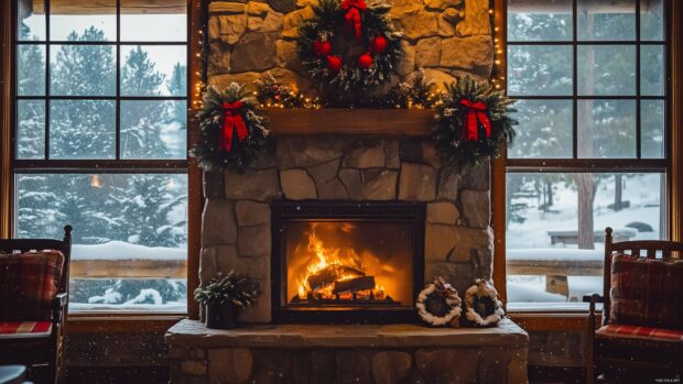 A picturesque scene of a fireplace in a rustic cabin.