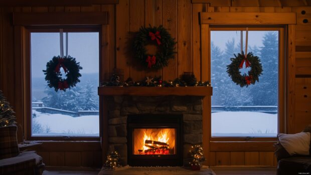 A picturesque scene of a fireplace in a rustic cabin, decorated with seasonal wreaths.