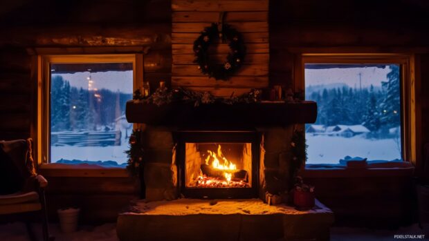 A picturesque scene of a fireplace in a rustic cabin, decorated with seasonal wreaths, a warm fire crackling inside, and snow.