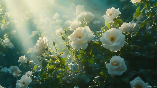 A picturesque scene of a white rose bush in full bloom, surrounded by lush green foliage.