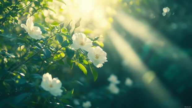 A picturesque scene of a white rose bush in full bloom, surrounded by lush green foliage, with sunlight filtering through the leaves.