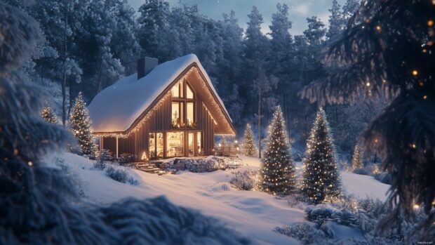 A picturesque snowy landscape with a cozy cabin decorated for Christmas.