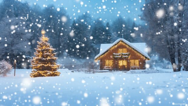 A picturesque snowy landscape with a cozy cabin decorated for Christmas.