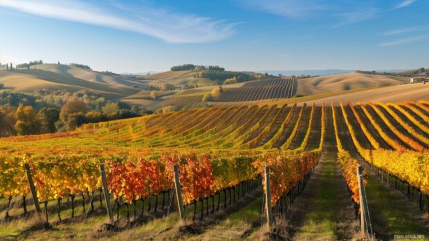 A picturesque vineyard in Tuscany with rolling hills and a clear blue sky.