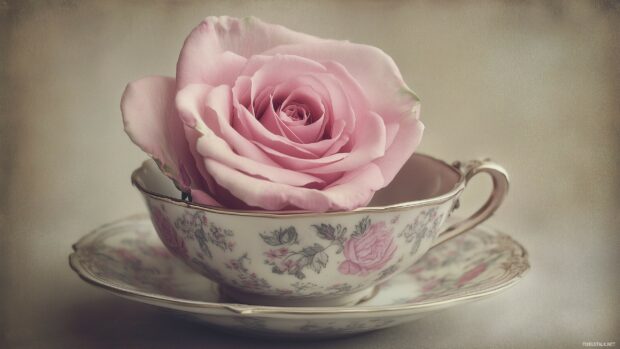 A pink 3D rose, softly lit and placed in an ornate teacup, conveying a charming and delicate aesthetic.