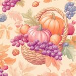 A pink Thanksgiving wallpaper HD featuring pumpkins, acorns, and cornucopia overflowing with fruits.