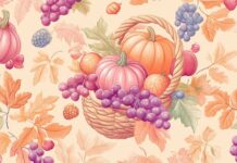 A pink Thanksgiving wallpaper HD featuring pumpkins, acorns, and cornucopia overflowing with fruits.