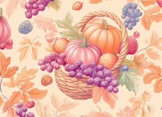 A pink Thanksgiving wallpaper HD featuring pumpkins, acorns, and cornucopia overflowing with fruits.