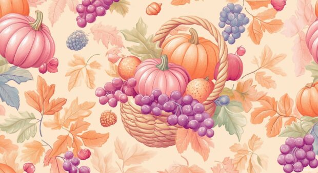 A pink Thanksgiving wallpaper HD featuring pumpkins, acorns, and cornucopia overflowing with fruits.