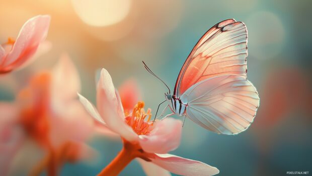 A pink butterfly desktop HD wallpapr with shimmering, iridescent wings gently landing on a bright flower.