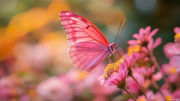 A pink butterfly fluttering gracefully above a blooming garden, with vibrant wings sharply detailed against a softly blurred background.