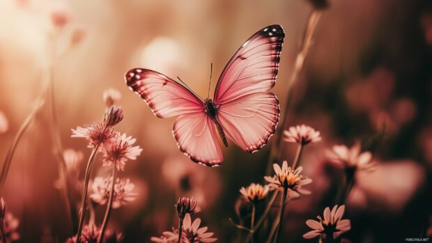 A pink butterfly surrounded by wildflowers, its wings spread wide.