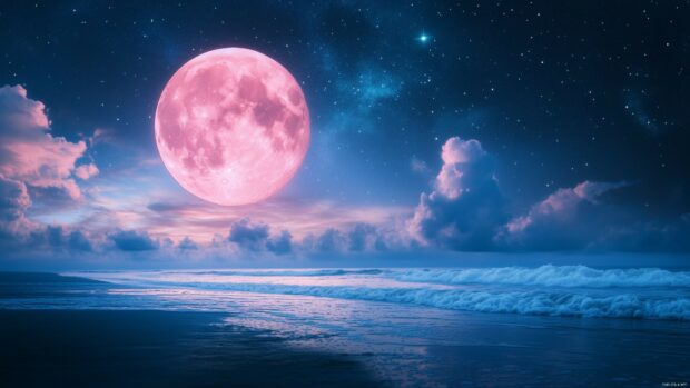 A pink moon partially hidden behind thin clouds, illuminating a quiet beach with its soft light, with gentle waves lapping the shore under the starry sky.