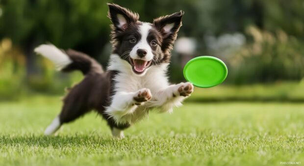 A playful Black and white Border Collie puppy catching a frisbee mid air in a green park.