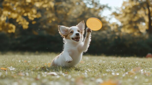 A playful Border Collie puppy catching a frisbee mid air in a green park.