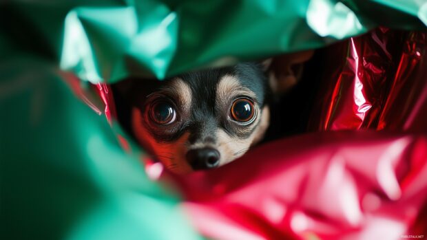 A playful Christmas puppy peeking out of a gift box wrapped in shiny red and green pape (2).