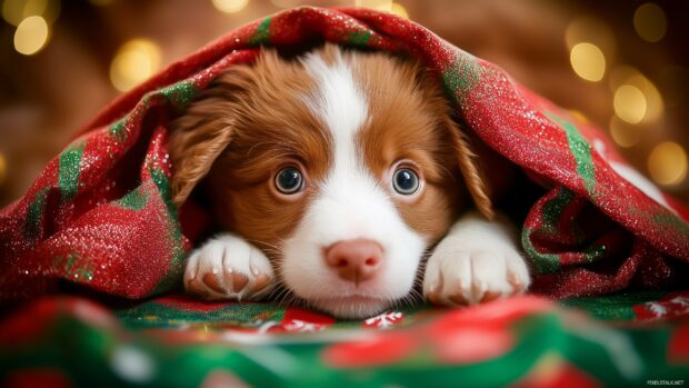 A playful Christmas puppy peeking out of a gift box wrapped in shiny red and green pape (3).