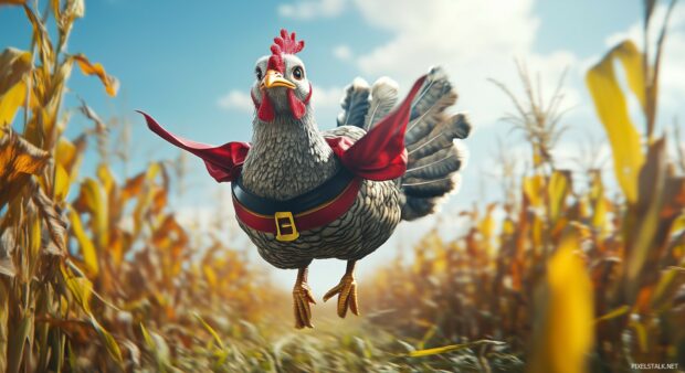 A playful Thanksgiving scene with a turkey in a superhero costume, flying over a cornfield.