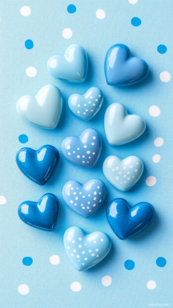 A playful arrangement of small blue hearts in various shades.