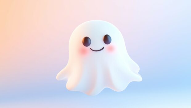 A playful cartoon style cute ghost floating in a pastel background, friendly smile and rosy cheeks.