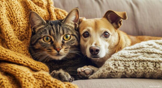 A playful cat and dog sitting together on a cozy sofa, looking at the camera.