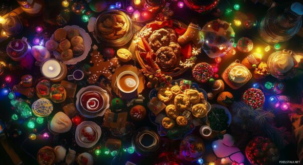 A playful collage showcasing a variety of holiday treats, such as gingerbread cookies, hot cocoa, and festive pastries, set against a backdrop of colorful Christmas lights.